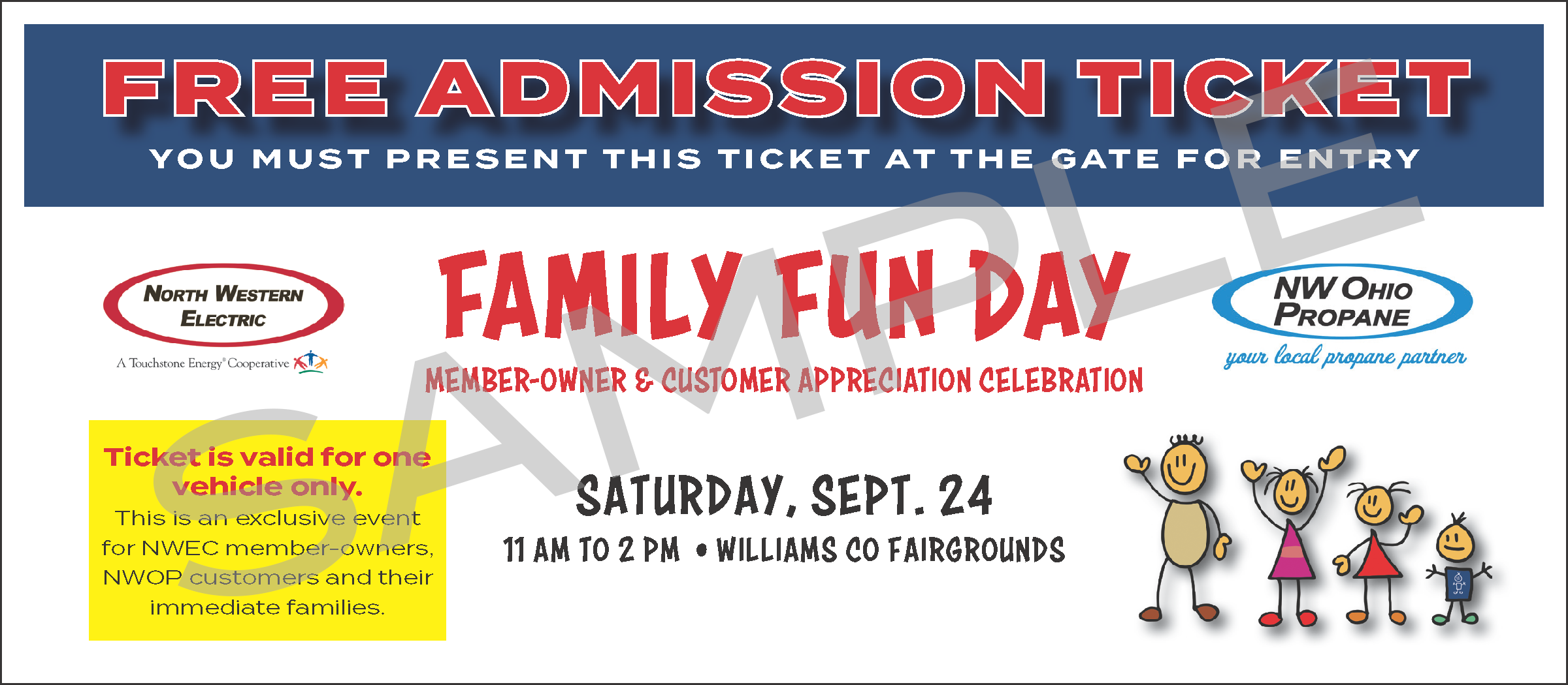 admission ticket with two logos and stick figure family