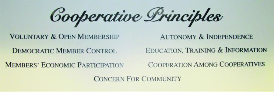 The seven cooperative principles display on the board room wall